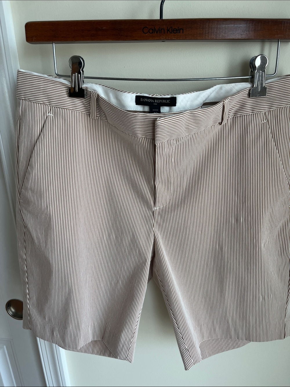 Banana Republic Tan and White Pinstripe Chino Shorts